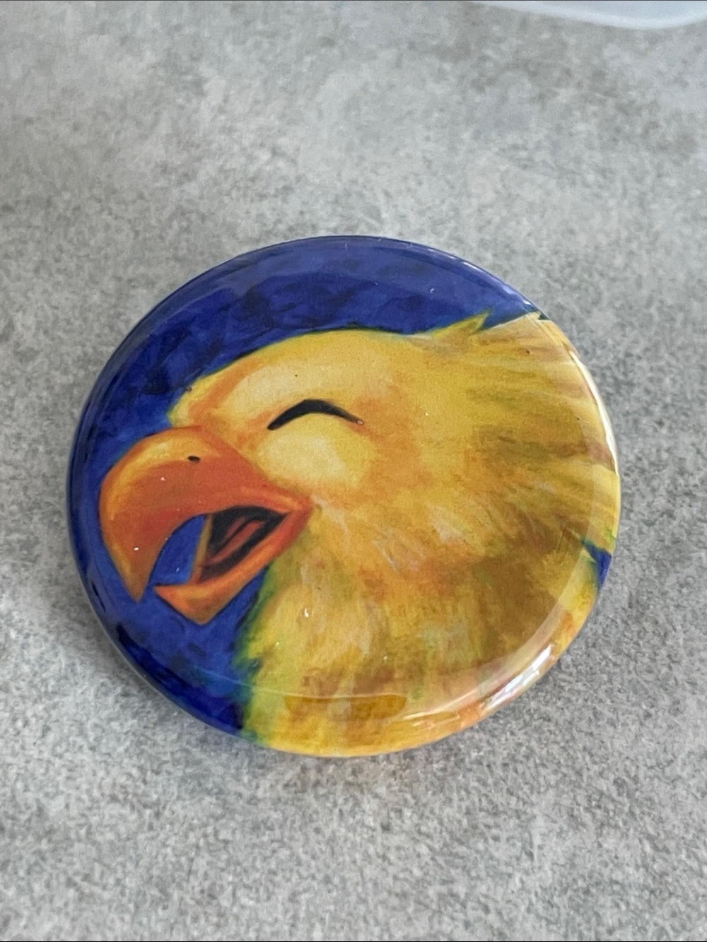 Happy yellow bird birb chocobo pinback button badge 1-1/4”